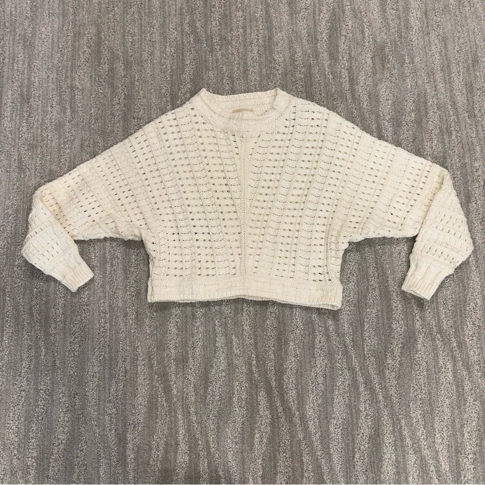 Elie Tahari Cream Cropped Open-Knit Crewneck Sweater